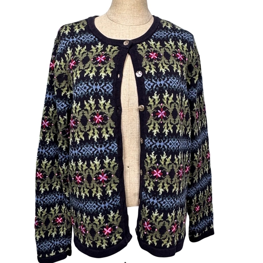 Appleseed's Women M Fair Isle Floral Knit Cardigan Sweater Blue Cottage Nordic‎